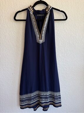 THML Navy Embroidered Halter Dress with Gold & White Trim
